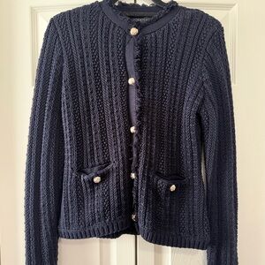 Tahari Navy Textured Knit Cardigan Sweater Jacket Gold Button Chanel Style Sz Sm